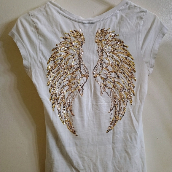 Guess White Tee with Gold Sequin Wings - Picture 1 of 4